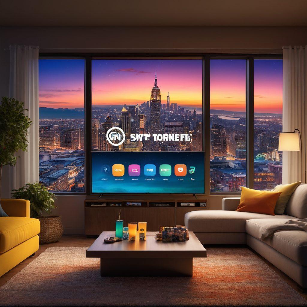 A cozy living room scene featuring a stylish TV with a screen displaying colorful logos of popular streaming services. Include a plush sofa adorned with popcorn and drinks, with a montage of diverse characters from various TV series floating around the screen. Soft ambient lighting creates a warm atmosphere, and a large window reveals a night skyline. modern digital art. vibrant colors. cozy ambiance.