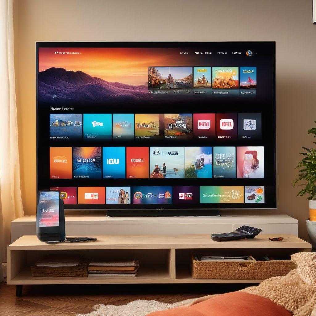A collage of various streaming devices like smart TVs, tablets, and laptops displaying vibrant screenshots of diverse shows, both classic and new, in a cozy living room setting. Include elements like popcorn, a remote control, and a stylish streaming app interface visible on the screens. Warm lighting to create an inviting atmosphere. vector art. vibrant colors. cozy tones.