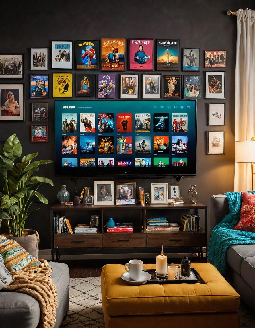 A cozy living room scene featuring a large flat-screen TV displaying a colorful array of popular television series. A comfy couch with cozy blankets, popcorn bowls, and ambient lighting create an inviting atmosphere. In the background, a wall adorned with framed posters of iconic shows represents the binge-watching culture. A steaming cup of coffee sits on a side table. super-realistic. vibrant colors. cozy atmosphere.